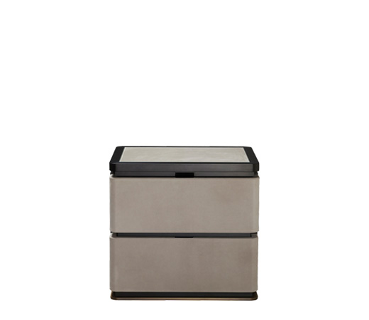 Au Bout de la Nuit is a wooden bedside table with drawers, bronze base and top covered in leather with glass, from Promemoria's Amaranthine Tales collection | Promemoria