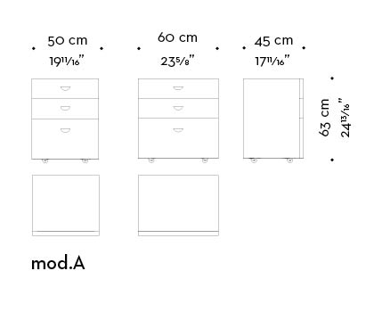 Dimensions of Dagoberto, a wooden bedside table with wheels and drawers from the Promemoria's catalogue | Promemoria