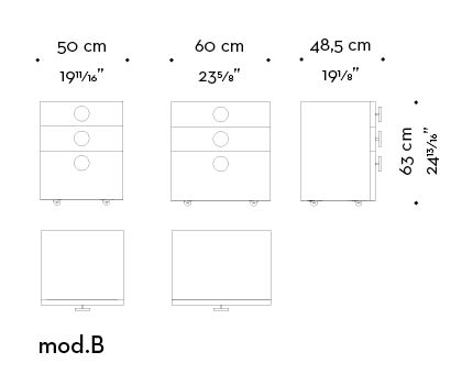 Dimensions of Dagoberto, a wooden bedside table with wheels and drawers from the Promemoria's catalogue | Promemoria