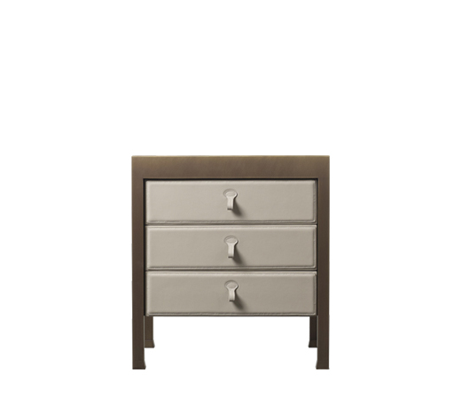 Gong is a bronze bedside table that can be covered in fabric or leather, from the Promemoria's catalogue | Promemoria