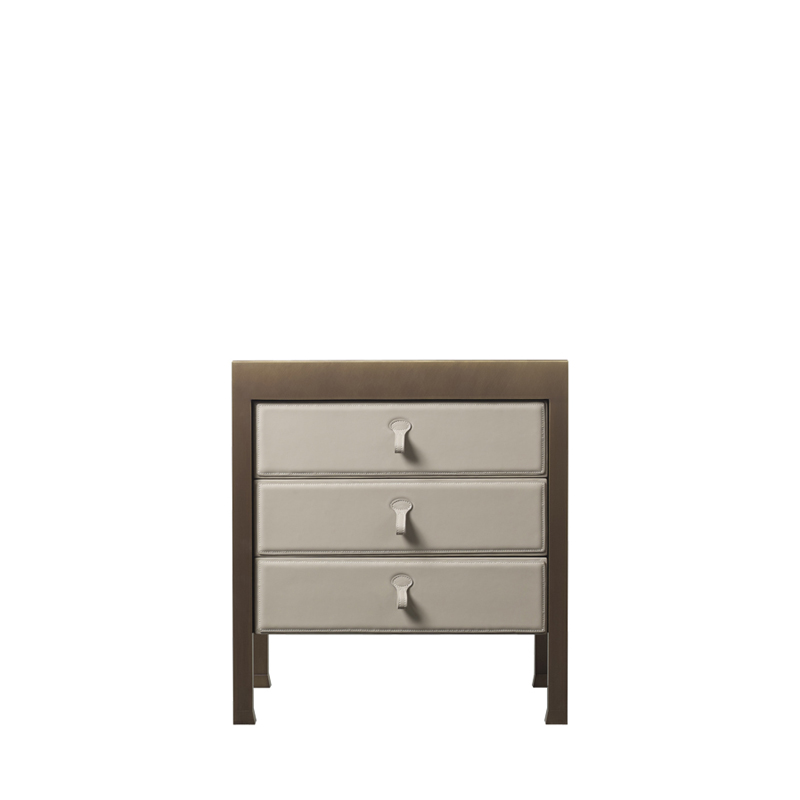 Gong is a bronze bedside table that can be covered in fabric or leather, from the Promemoria's catalogue | Promemoria