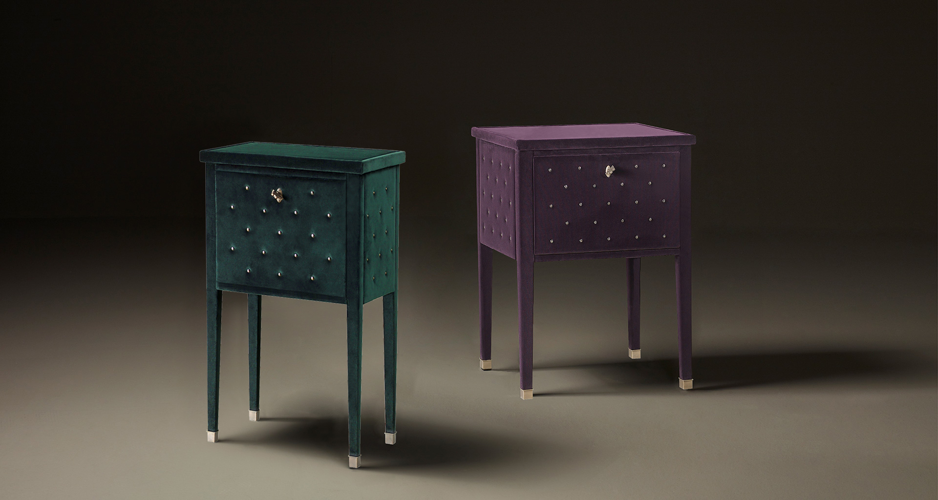 Scrigno is a bedside table covered in fabric with a shelf, from the Promemoria's catalogue | Promemoria