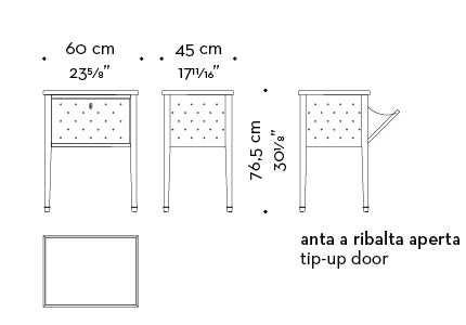 Dimensions of Scrigno, a bedside table covered in fabric with a shelf, from the Promemoria's catalogue | Promemoria