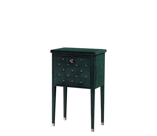 Scrigno is a bedside table covered in fabric with a shelf, from the Promemoria's catalogue | Promemoria