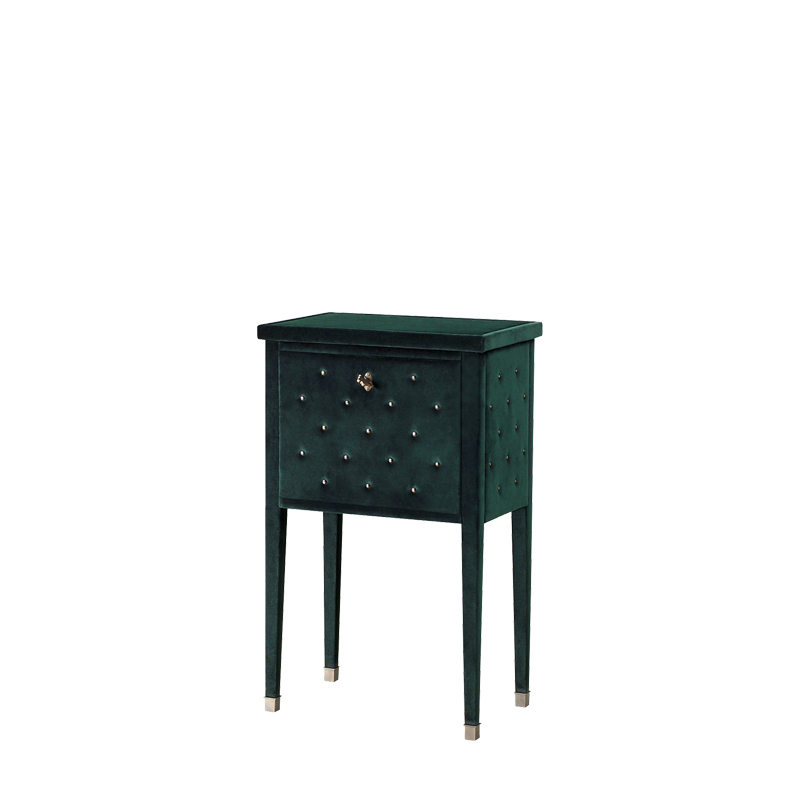Scrigno is a bedside table covered in fabric with a shelf, from the Promemoria's catalogue | Promemoria