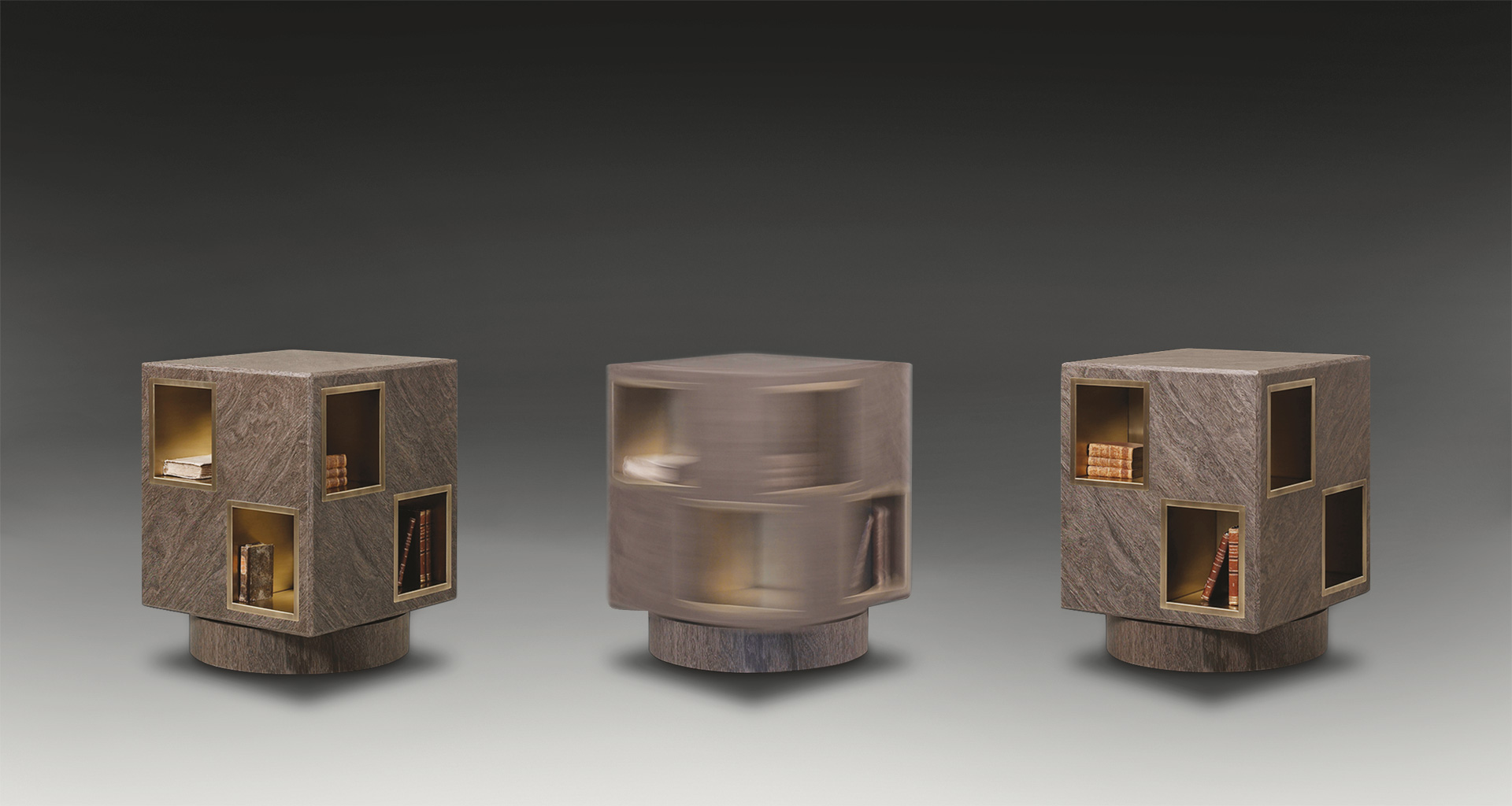 Meryl is a revolving wooden bookcase with bronze compartments from the Promemoria's catalogue | Promemoria