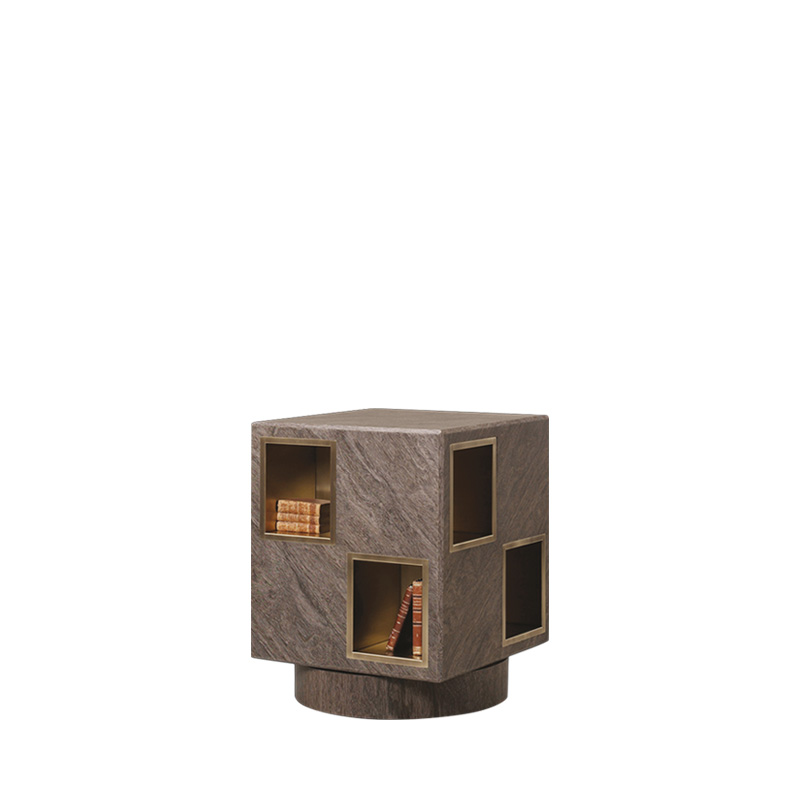 Meryl is a revolving wooden bookcase with bronze compartments from the Promemoria's catalogue | Promemoria