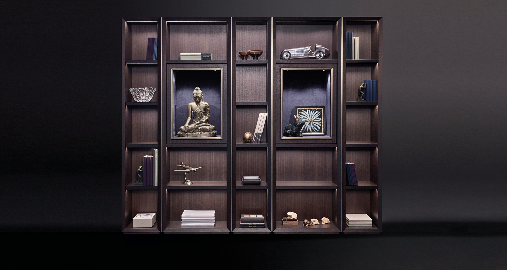 Nightwood, a wooden modular bookcase with bronze details, from Promemoria's Night Tales collection | Promemoria