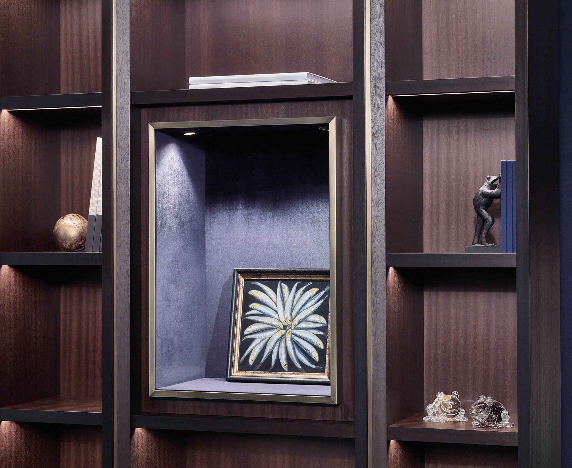Nightwood, a wooden modular bookcase with bronze details, from Promemoria's Night Tales collection | Promemoria