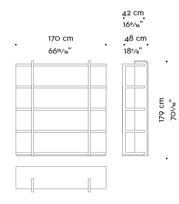 Dimensions of Nisha, a wooden bookcase with bronze supports from the Promemoria's Night Tales collection | Promemoria