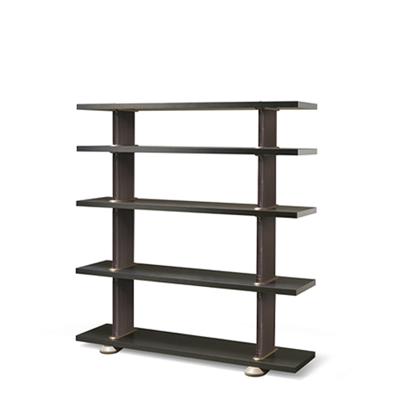 Peggy is a modular wooden bookcase with leather covered supports and bronze details, from Promemoria's catalogue | Promemoria