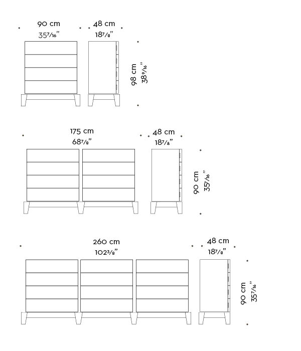 Dimensions of Amarcord, a wooden chest of drawers that can have bronze drawer fronts from Promemoria's catalogue | Promemoria