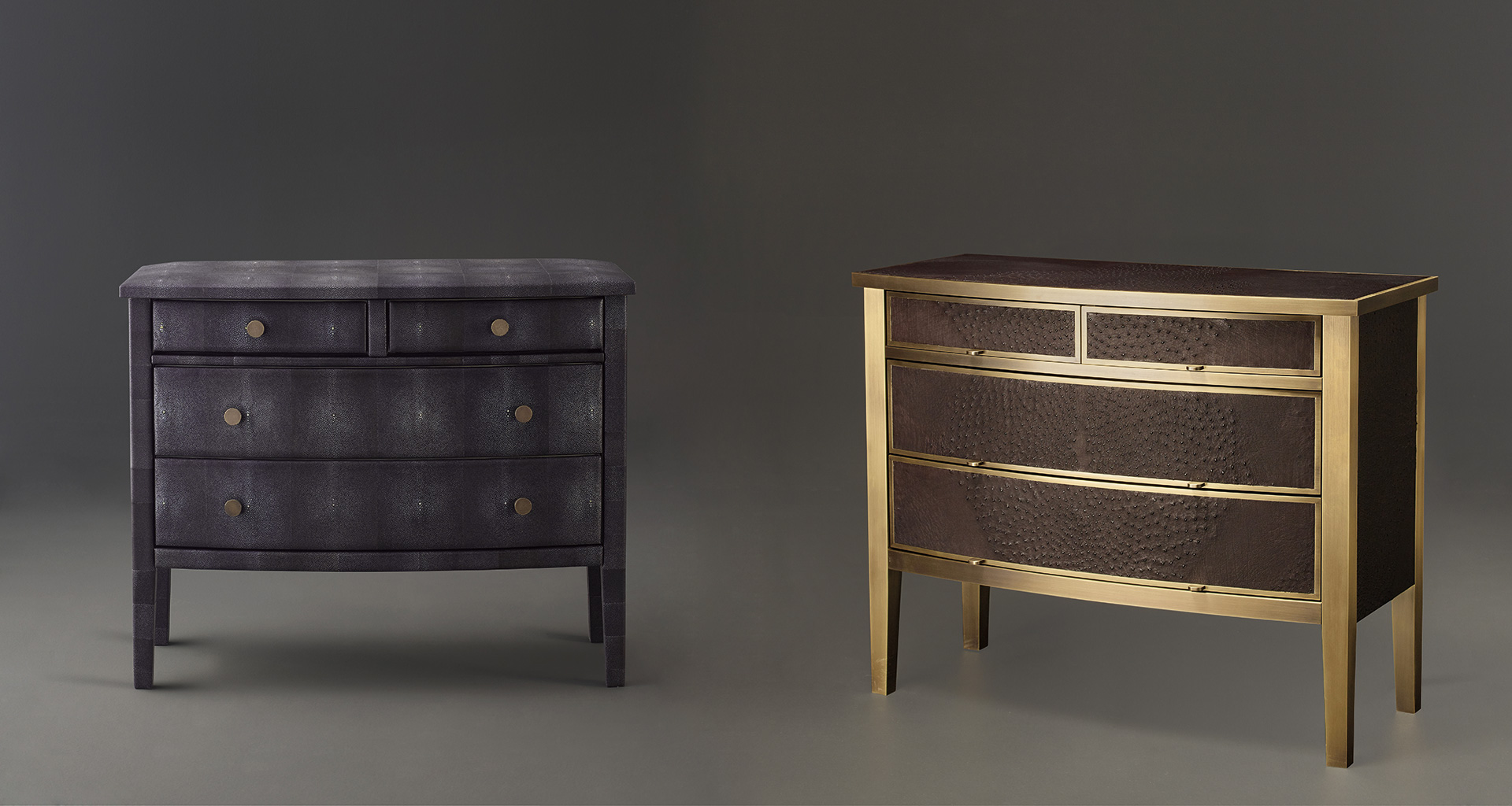 Cassettiera '700 is a wooden chest of drawers covered in leather or galuchat with bronze knobs, from Promemoria's catalogue | Promemoria