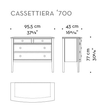 Dimensions of Cassettiera '700, a wooden chest of drawers covered in leather or galuchat with bronze knobs, from Promemoria's catalogue | Promemoria