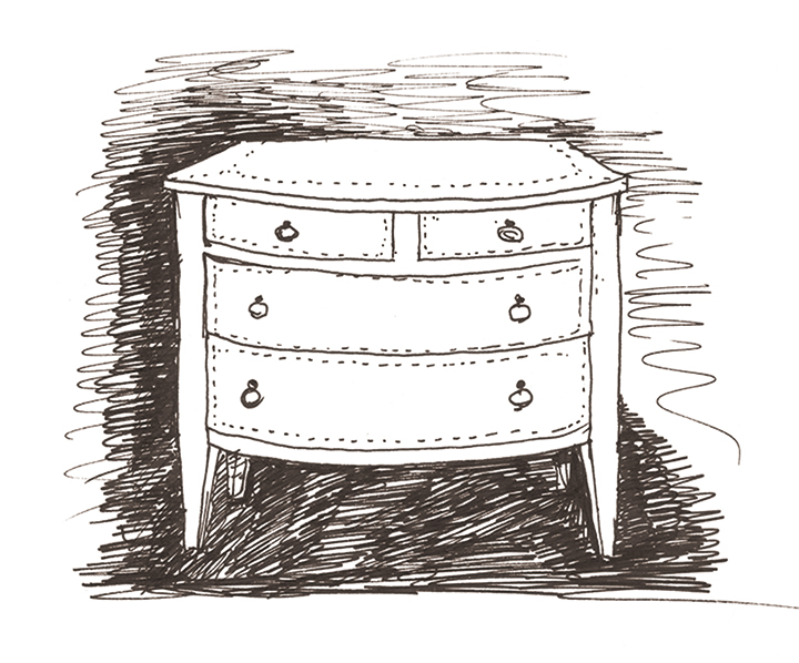 Sketch of Cassettiera '700, a wooden chest of drawers covered in leather or galuchat with bronze knobs, from Promemoria's catalogue | Promemoria
