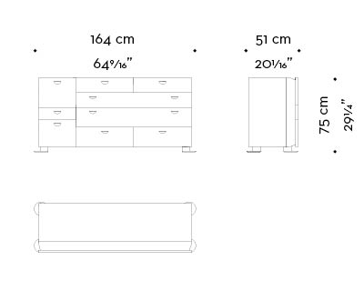 Dimensions of Dagoberto, a wooden chest of drawers with bronze feet and leather placemats from Promemoria's catalogue | Promemoria