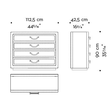 Dimensions of Future Voyager Atto II, a wooden chest of drawers covered in leather and fabric with handles and placemats in leather from Promemoria's catalogue | Promemoria