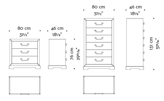 Dimensions of Future, a wooden chest of drawers covered in leather or fabric with leather placemats and handles in leather or bronze, nickel and chrome from Promemoria's catalogue | Promemoria
