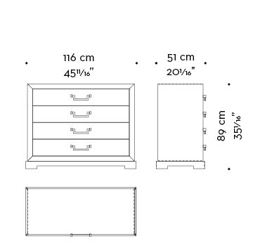 Dimensions of Future, a wooden chest of drawers covered in leather or fabric with leather placemats and handles in leather or bronze, nickel and chrome from Promemoria's catalogue | Promemoria