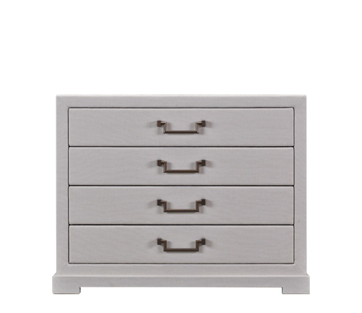 Future is a wooden chest of drawers covered in leather or fabric with leather placemats and handles in leather or bronze, nickel and chrome from Promemoria's catalogue | Promemoria
