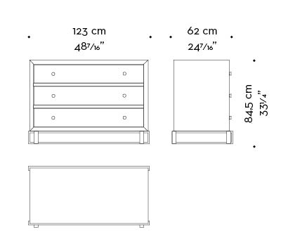 Dimensions of Margot, a wooden chest of drawers with metal details and bronze base and knobs from Promemoria's catalogue | Promemoria