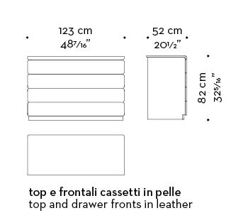 Dimensions of Orione, a wooden chest of drawers covered in leather, from Promemoria's catalogue | Promemoria