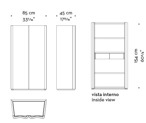 Dimensions of Asterya, a wooden cabinet with bronze details and leather shelves, drawers and placemats from Promemoria's collection Amaranthine Tales | Promemoria