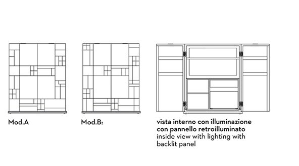 Dimensioni di Bacco, mobile-bar in legno con un interno accessoriato e base, profili e maniglie in bronzo, del catalogo di Promemoria | Promemoria