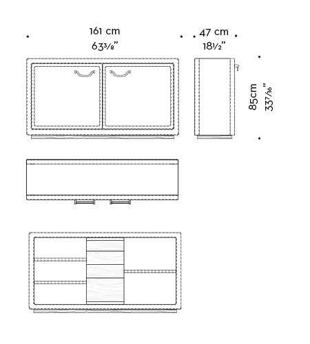 Dimensions of Future Voyager Atto II, a wooden cabinet covered in leather and fabric with handles and placemats in leather from Promemoria's catalogue | Promemoria