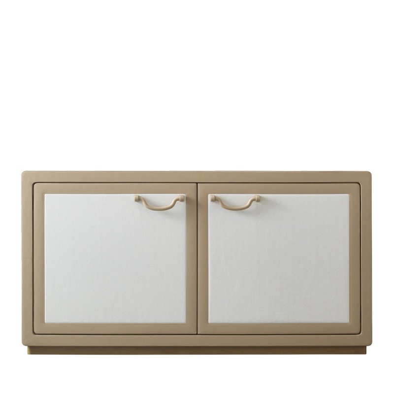 Future Voyager Atto II is a wooden cabinet covered in leather and fabric with handles and placemats in leather from Promemoria's catalogue | Promemoria
