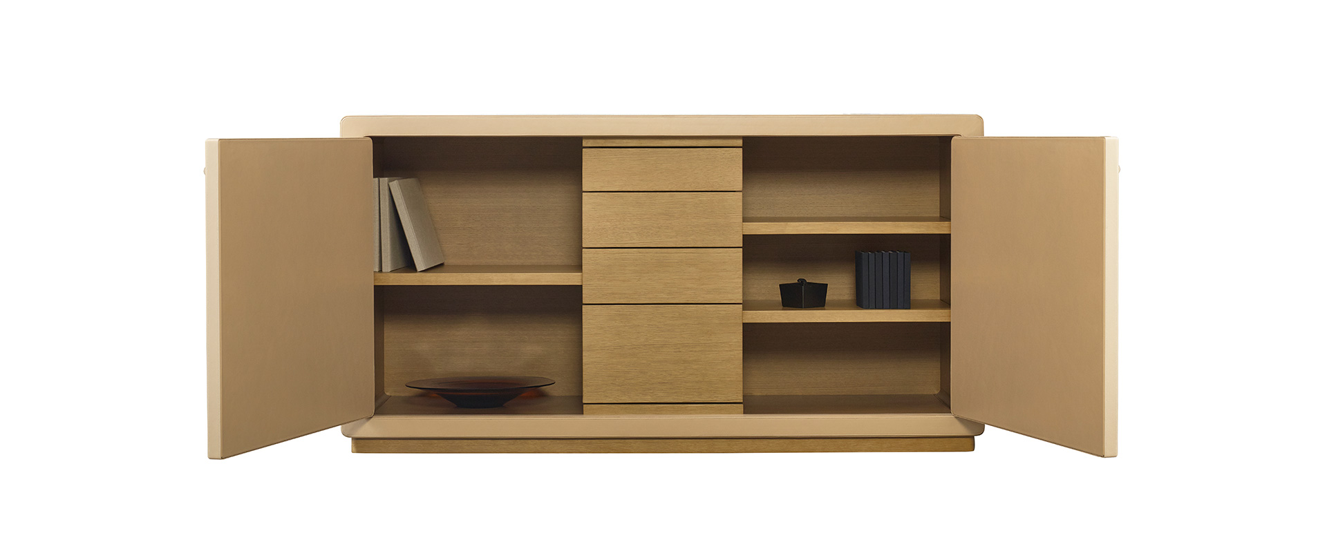 Inside of Future Voyager Atto II, a wooden cabinet covered in leather and fabric with handles and placemats in leather from Promemoria's catalogue | Promemoria