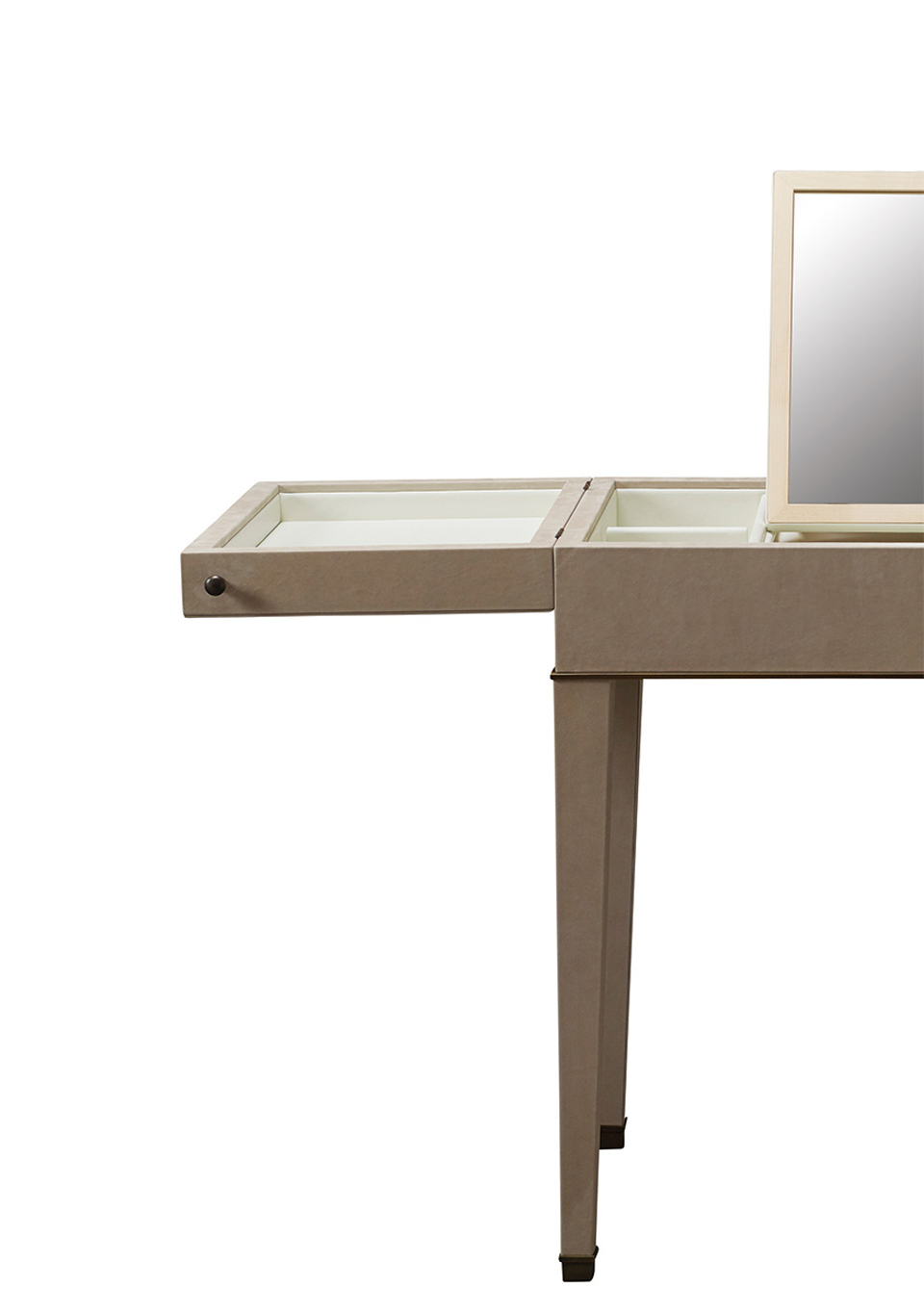 Inside detail of Kalypso, a wooden cabinet with bronze and leather details from Promemoria's collection Amaranthine Tales | Promemoria