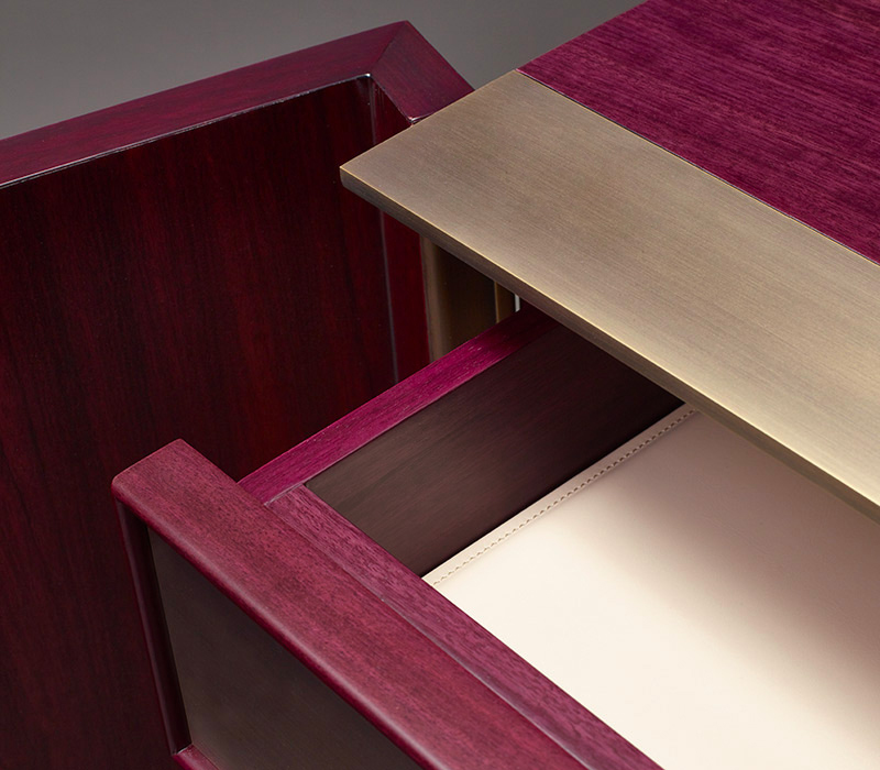 Drawers' detail of La Belle Aurore, a wooden cabnet with bronze details, from Promemoria's catalogue | Promemoria