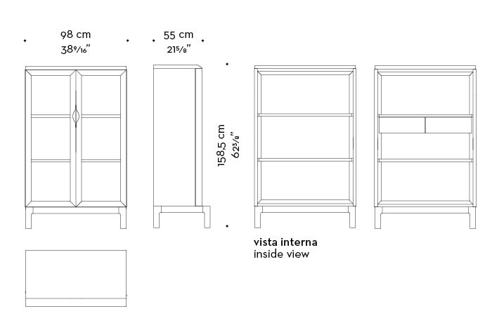 Dimensions of Laos, a wooden cabinet with a recessed handle and wooden or glass doors from Promemoria's Indigo Tales collection | Promemoria