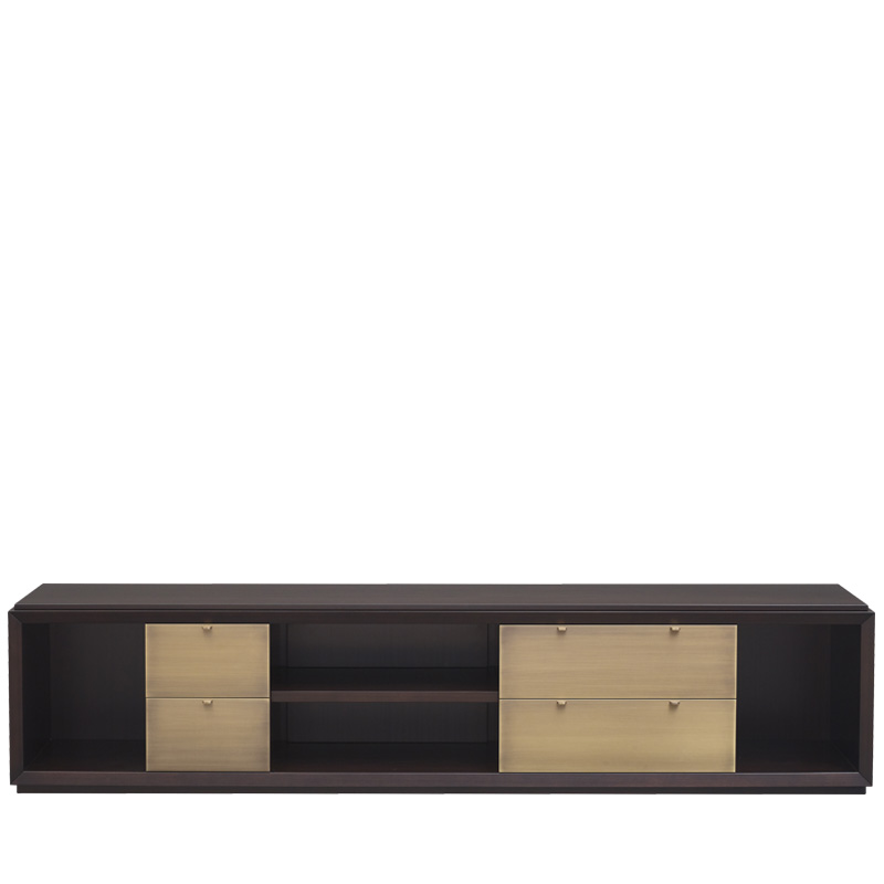Nightwood è un mobile contenitore basso in legno con dettagli in bronzo e tovagliette in pelle, della collezione Amaranthine Tales di Promemoria | Promemoria