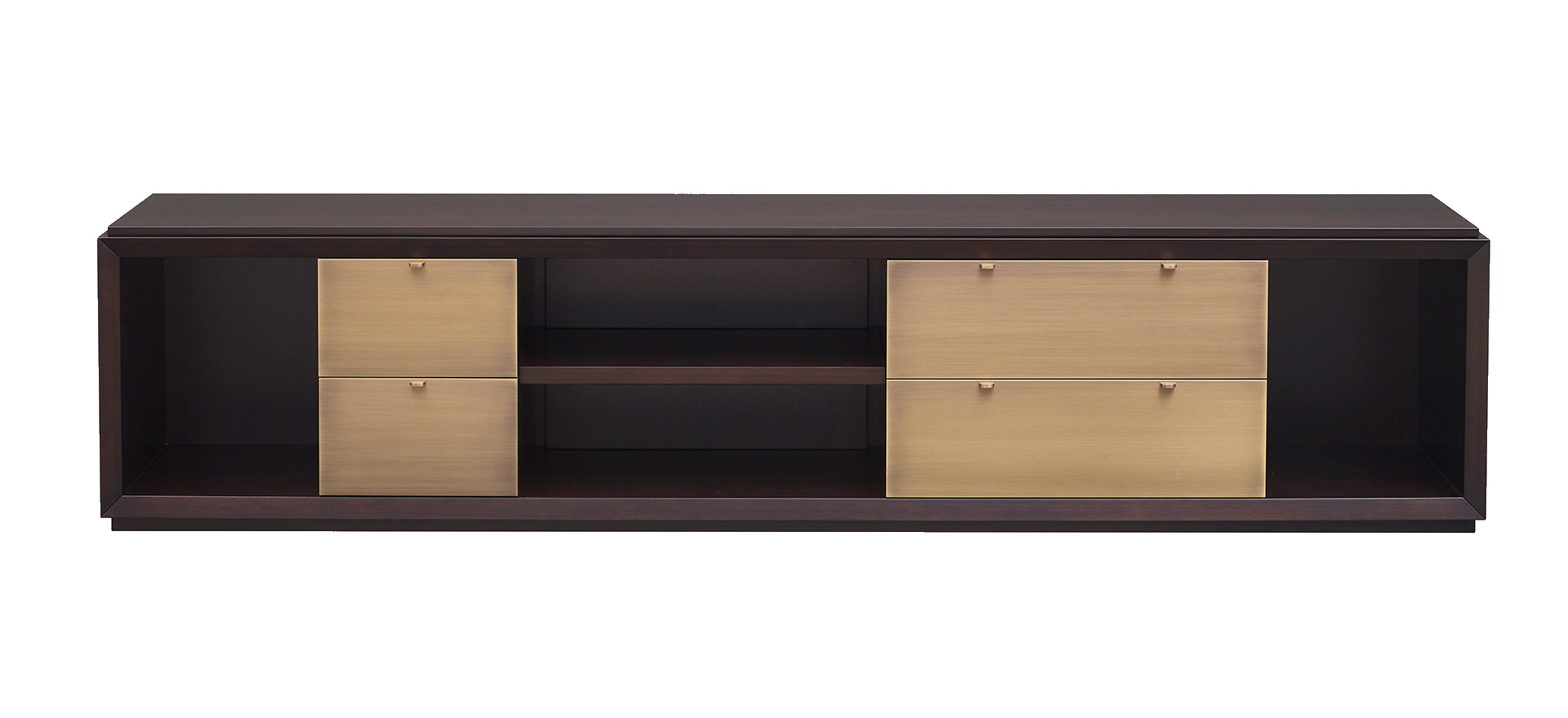 Nightwood is a wooden low cabinet with drawers with bronze details and leather placemats from Promemoria's Amaranthine Tales collection | Promemoria