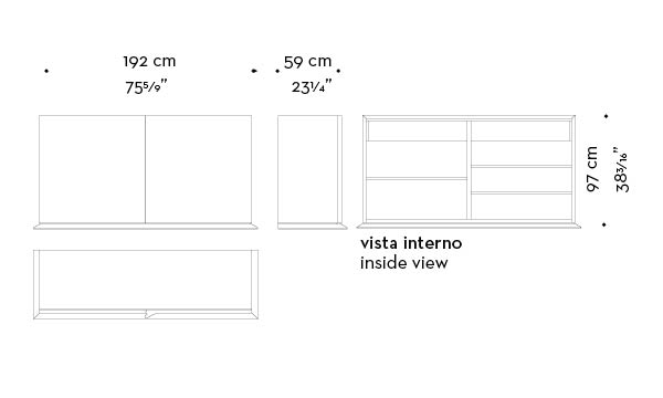 Dimensions of Oleandra, a wooden cabinet that can have a geometric patchwork design with light and dark woods interweaved and bronze details from Promemoria's catalogue | Promemoria