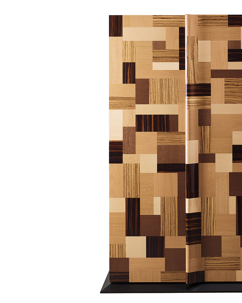 Oleandra is a wooden cabinet that can have a geometric patchwork design with light and dark woods interweaved and bronze details from Promemoria's catalogue | Promemoria