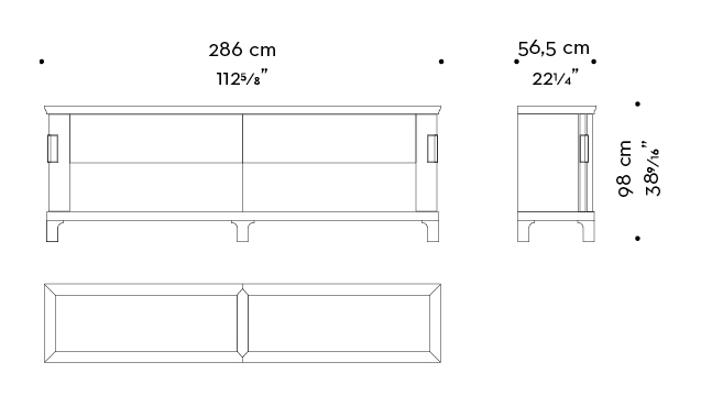 Interno di Oolong, mobile contenitore basso in legno con ante scorrevoli, frontali dei ripiani e cassetti in pelle e maniglie in bronzo, del catalogo di Promemoria | Promemoria