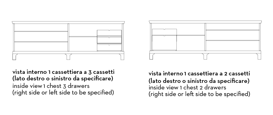 Interno di Oolong, mobile contenitore basso in legno con ante scorrevoli, frontali dei ripiani e cassetti in pelle e maniglie in bronzo, del catalogo di Promemoria | Promemoria