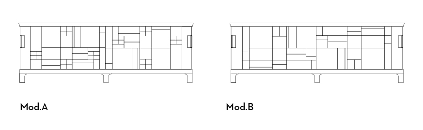 Interno di Oolong, mobile contenitore basso in legno con ante scorrevoli, frontali dei ripiani e cassetti in pelle e maniglie in bronzo, del catalogo di Promemoria | Promemoria