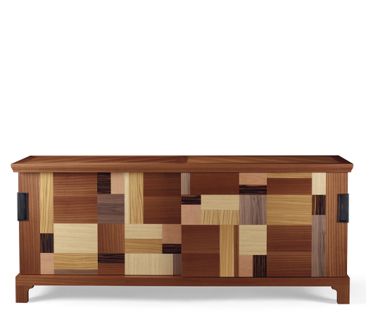 Oolong is a low wooden cabinet with sliding doors, leather shelves and drawers fronts and bronze handles from Promemoria's catalogue | Promemoria