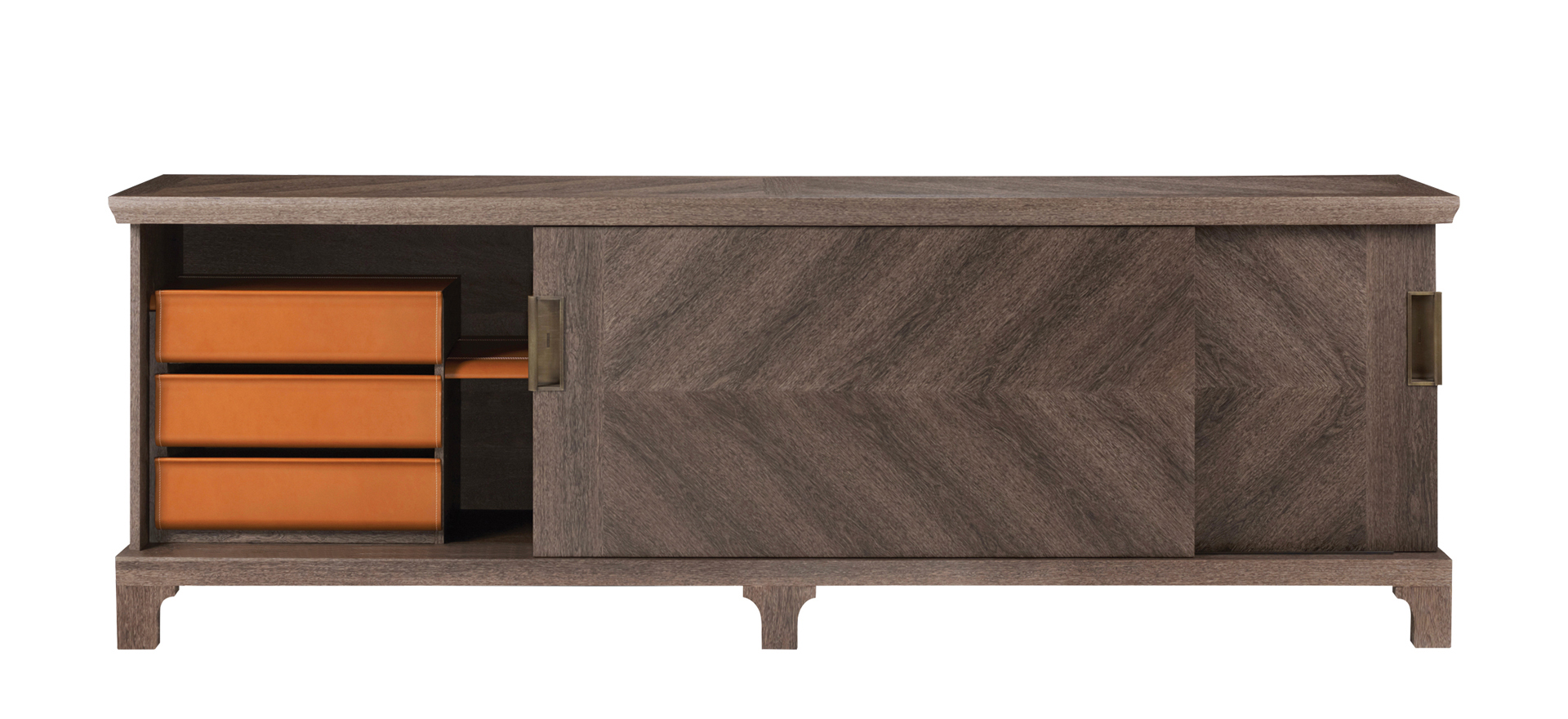 „Oolong“ ist ein Lowboard aus Holz mit Schiebetüren, Regalen und Schubladen mit Lederfronten und Bronzegriffen, aus dem Katalog von Promemoria | Promemoria