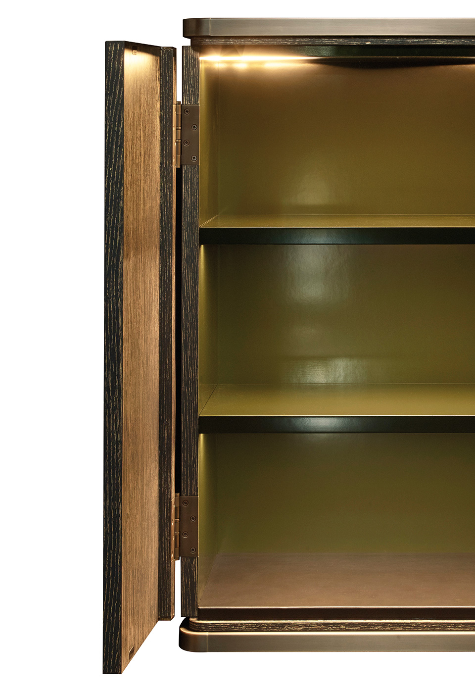 Inside of Soho, a cabinet in gold brushed stained blue oak with bronze details, from Promemoria's The London Collection | Promemoria