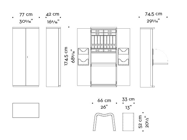 Dimensions of Stanley, a wooden cabinet with a bronze handle and internal modules covered in leather from Promemoria's catalogue | Promemoria