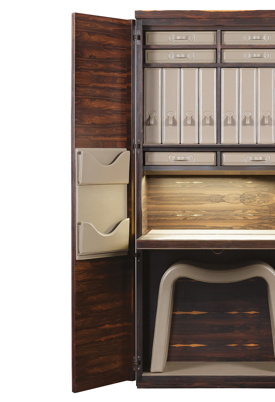 Leather inside modules of Stanley, a wooden cabinet with a bronze handle from Promemoria's catalogue | Promemoria