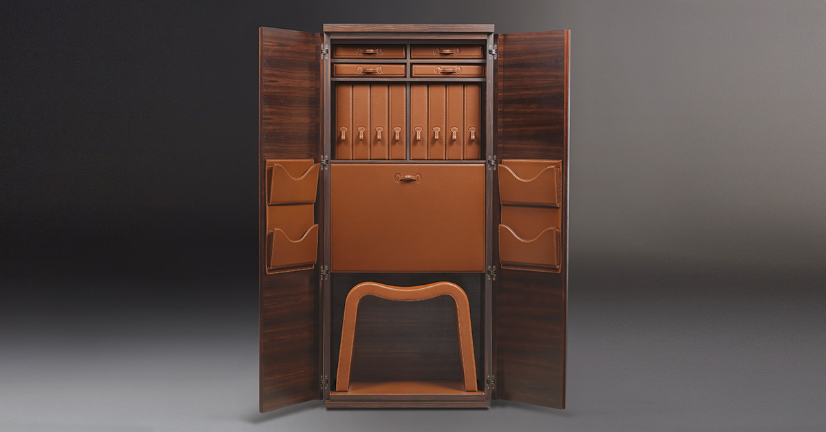 Promemoria Stanley Wood Bronze And Leather Cabinet