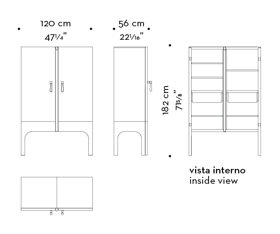 Dimensioni di Tom Bombadil, mobile contenito in legno con profili in bronzo e una maniglia in vetro di Murano, del catalogo di Promemoria | Promemoria