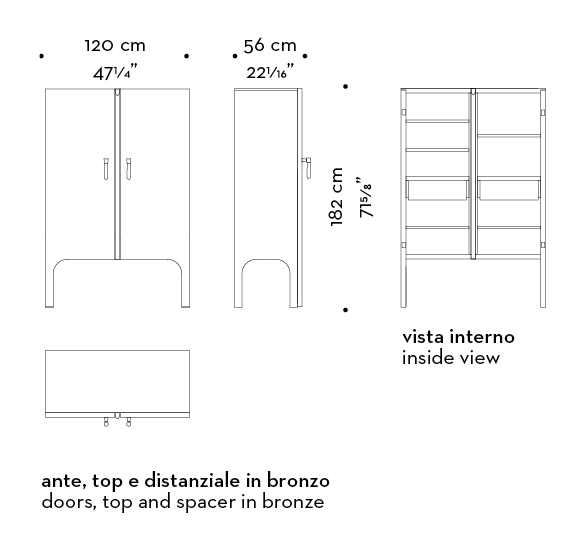 Dimensioni di Tom Bombadil, mobile contenito in legno con profili in bronzo e una maniglia in vetro di Murano, del catalogo di Promemoria | Promemoria