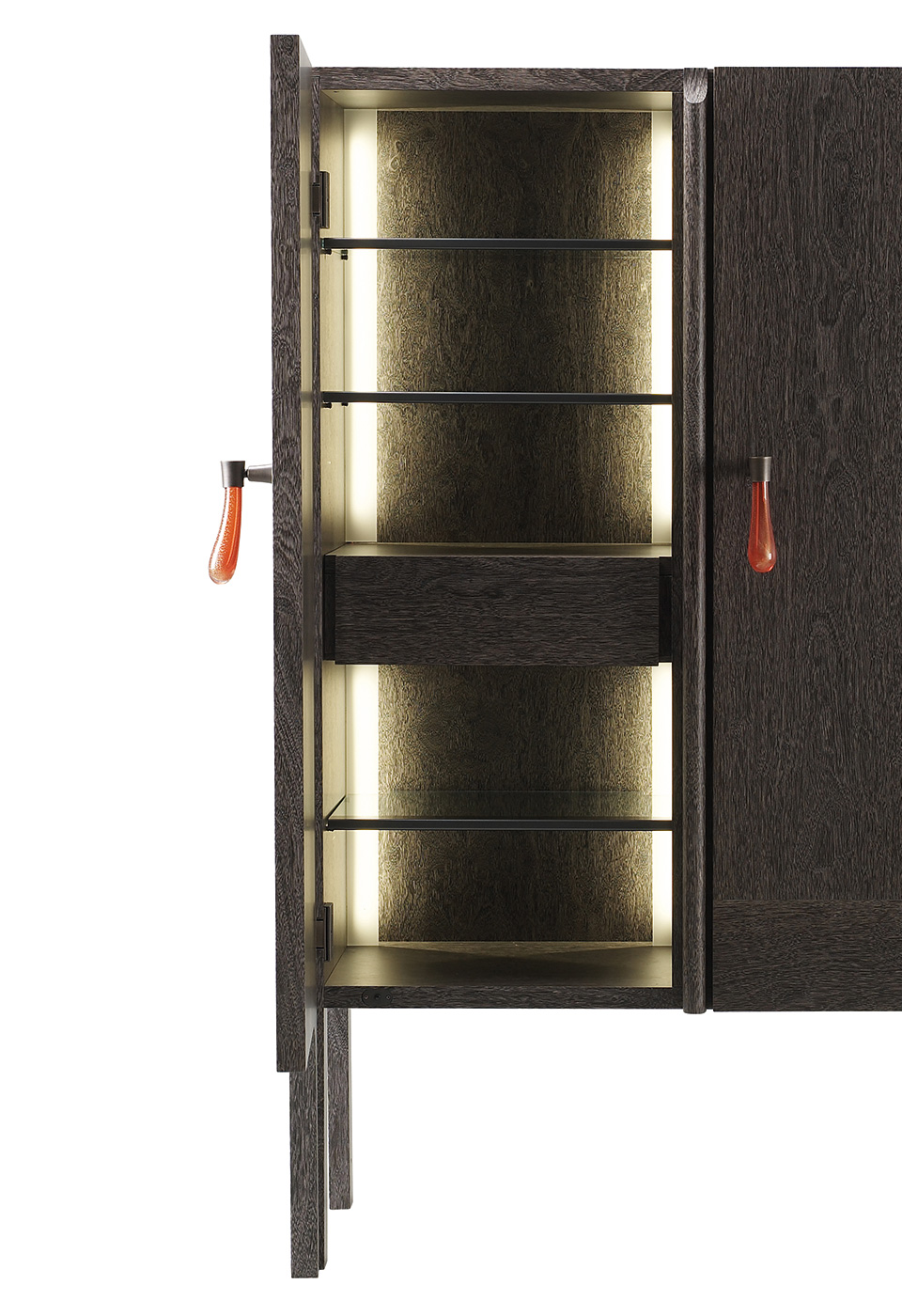Inside of Tom Bombadil, a wooden cabinet with bronze profiles and a Murano glass handle, from Promemoria's catalogue | Promemoria